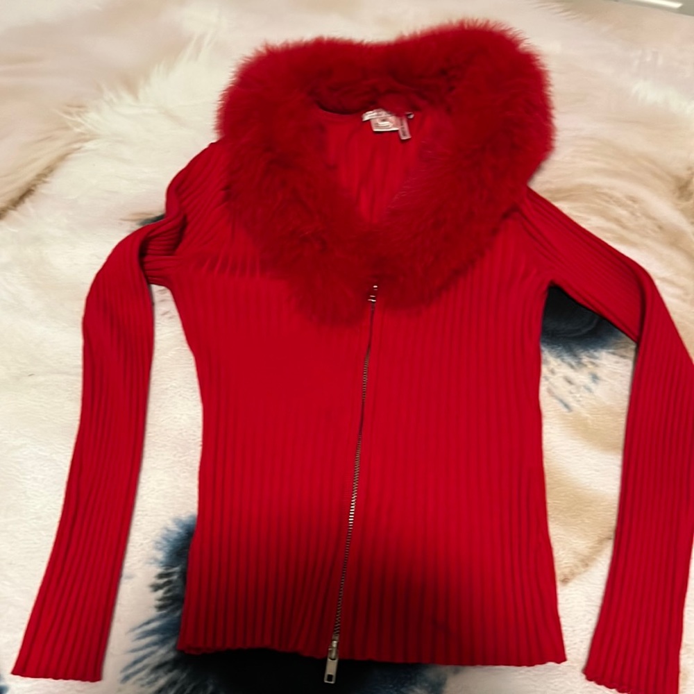 Beautiful red fur collared zip front sweater